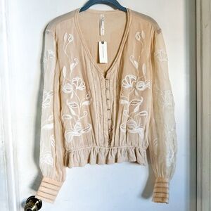 Anthropologie Orange and Tan Embellished V-Neck Puff Sleeve Blouse